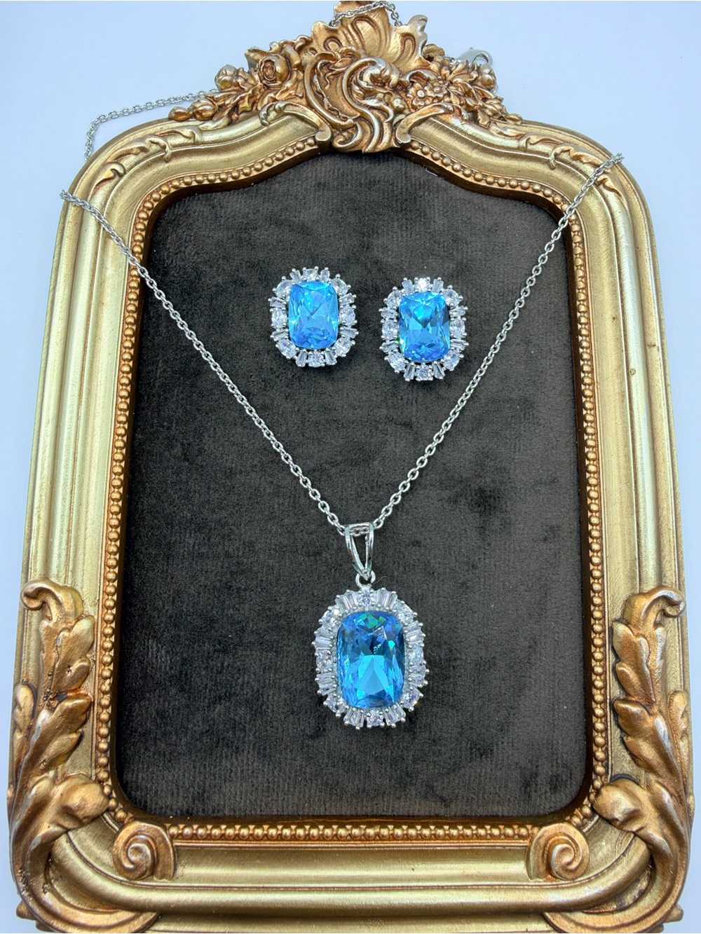 Faux Aquamarine & CZ Crystal Oval Halo Necklace & Earrings Set in Silver-Tone